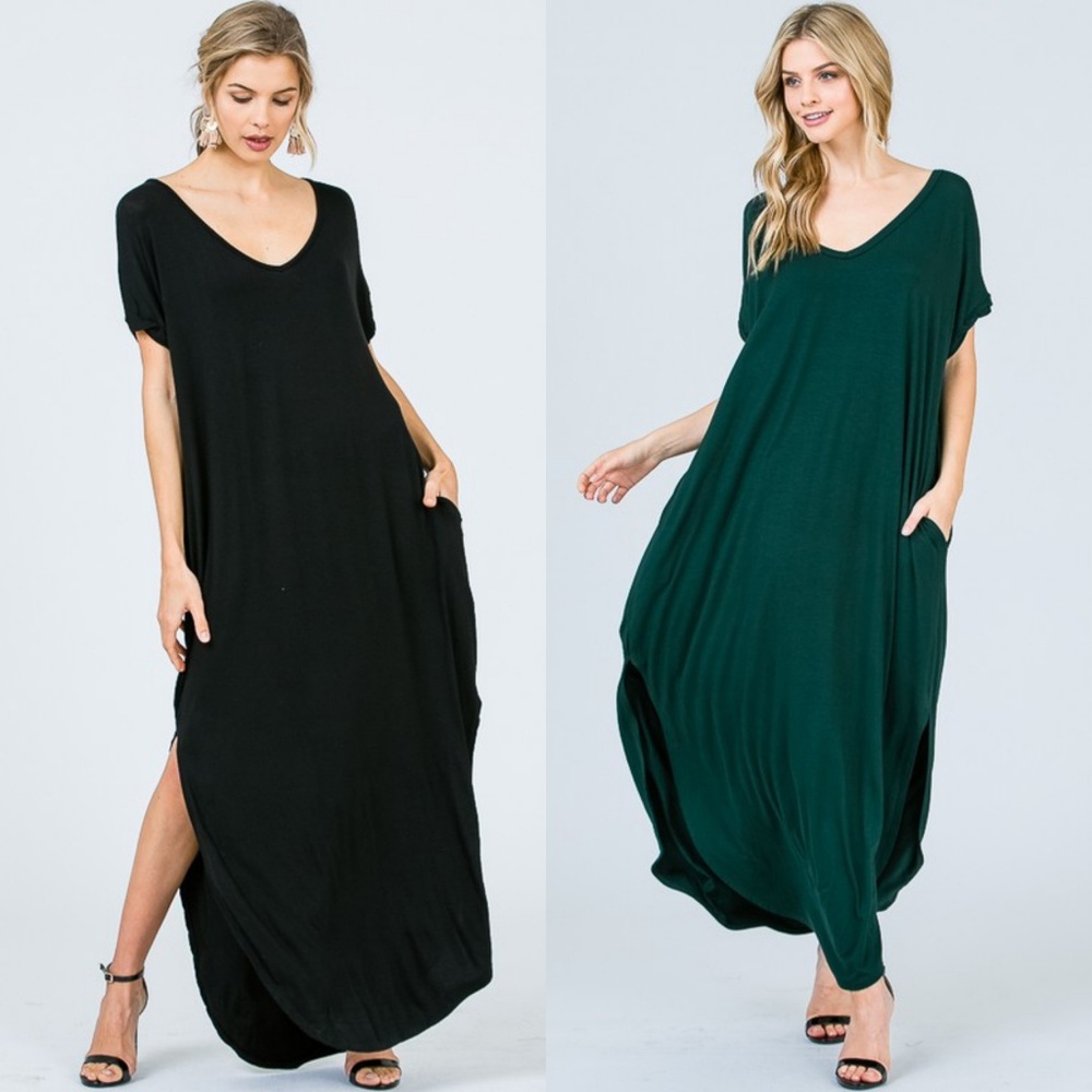 Oversized loose fit slit pockets maxi dress boho - Picture 3 of 6